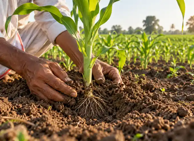 Farmer tending a young maize plant in healthy soil, illustrating PSB biofertilizer and soil phosphorus management