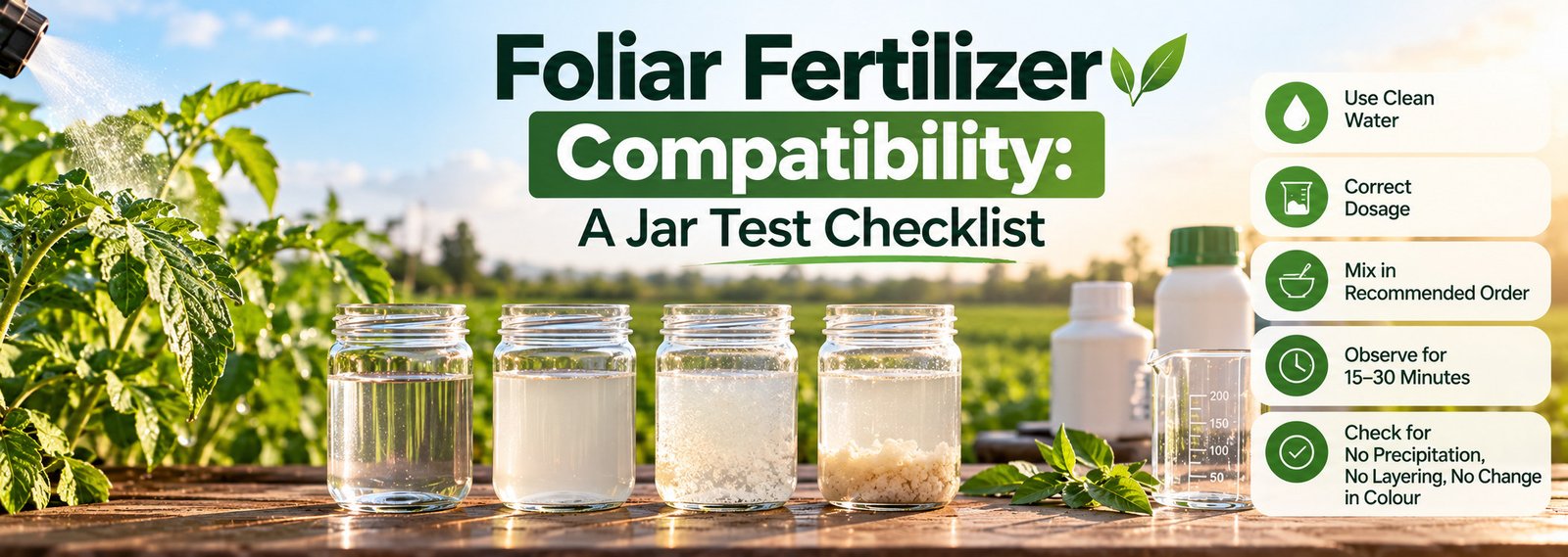 Farmer checking fertilizer tank-mix compatibility with clear jar samples in a field
